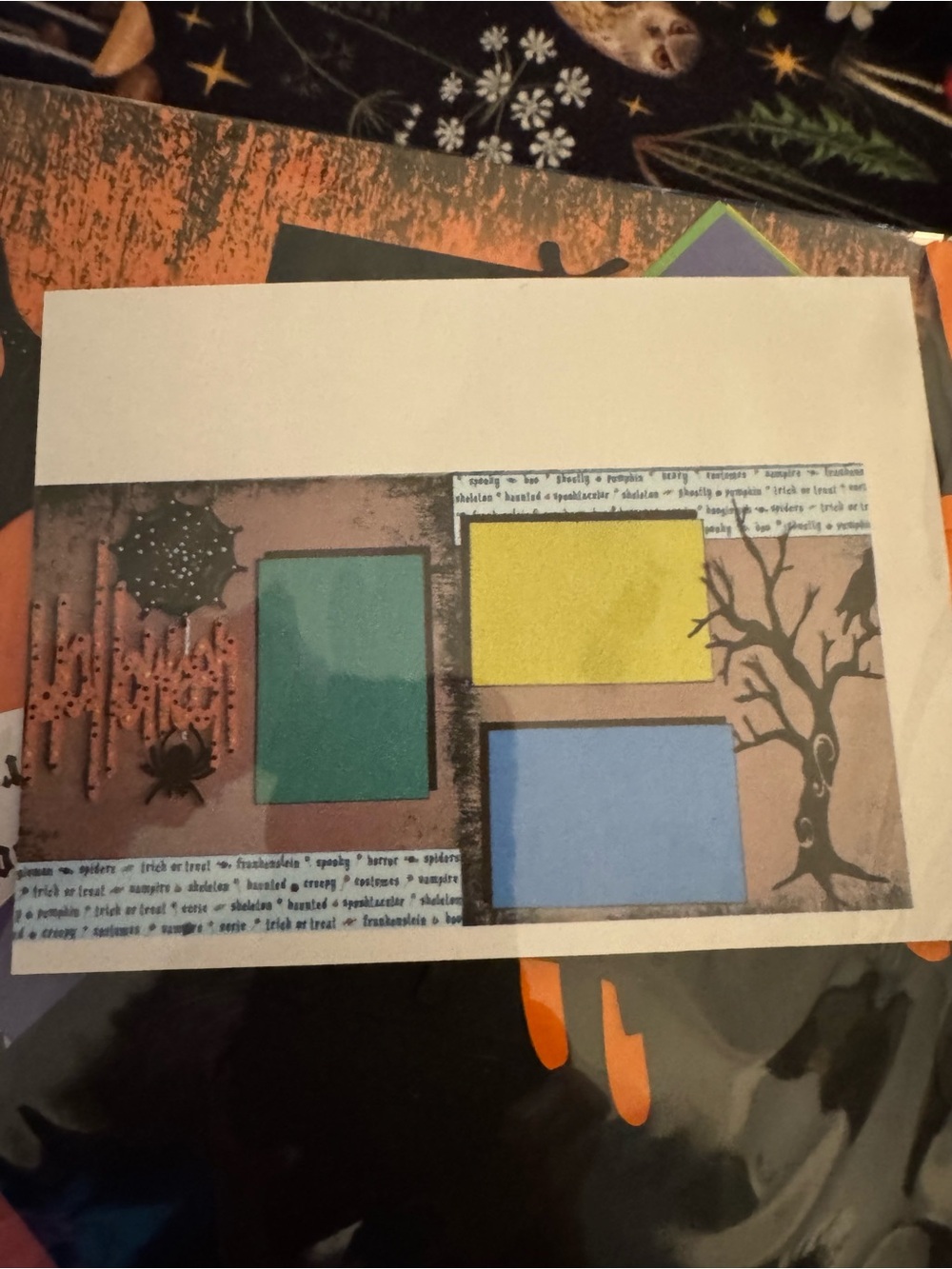 Halloween scrapbook kit with Teal, Yellow, and Blue Panels